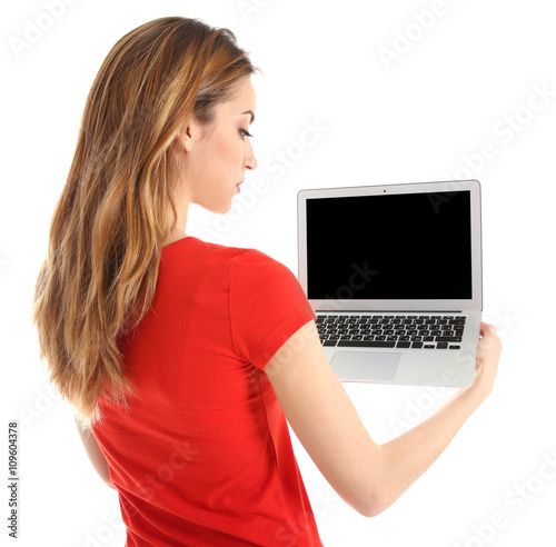 Young woman in red tee-shir...