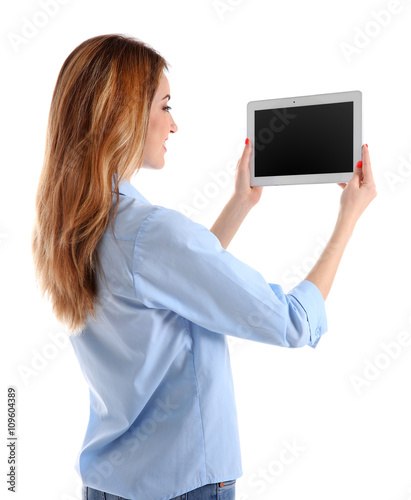 Young woman in blue shirt u...