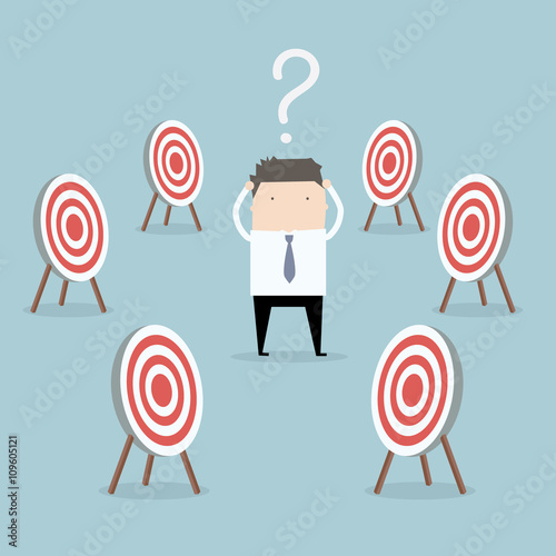Confused businessman with many tasks and target. Infographic business concept illustration.