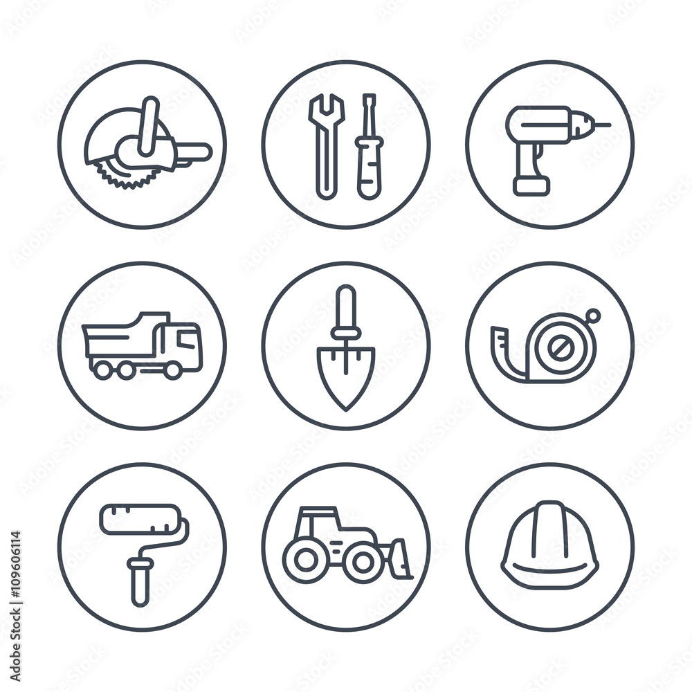 construction line icons in circles, construction tools and equipment linear signs, pictograms, vector illustration