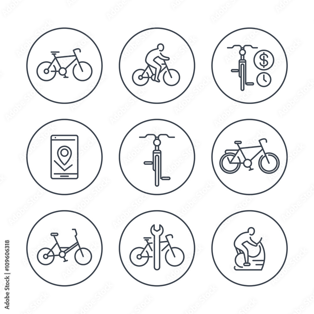 Cycling, cyclist, bicycle, bike repair, line icons in circles, vector illustration Cycling, cyclist, bicycle, bike repair, line icons in circles, vector illustration
