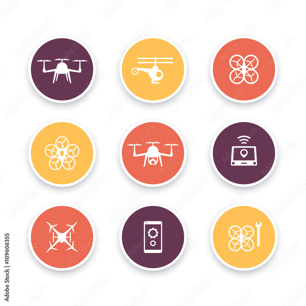 Drone, copter, quadrocopter round color icons, drones pictograms, vector illustration