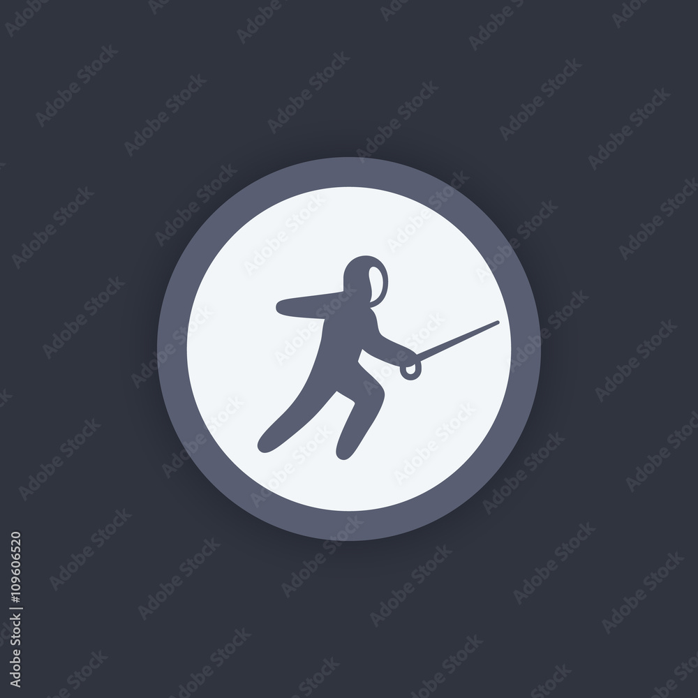 Fencing icon, attacking fencer with foil pictogram, round flat icon, vector illustration Fencing icon, attacking fencer with foil pictogram, round flat icon, vector illustration