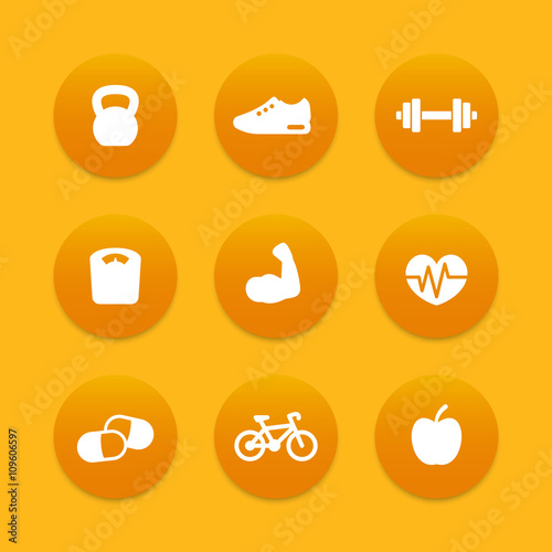 Fitness simple icons, fitness pictograms, round icons set, vector illustration