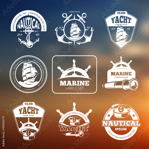 Marine, nautical vector labels on blurred background