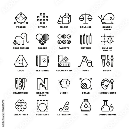 Creative design process linear vector icons for web app