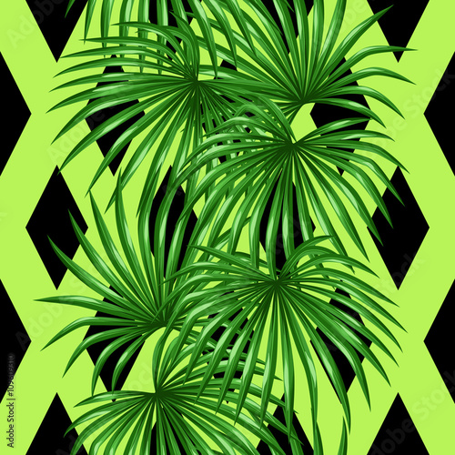 Seamless pattern with palms leaves. Decorative image tropical leaf of palm tree Livistona Rotundifolia. Background made without clipping mask. Easy to use for backdrop, textile, wrapping paper