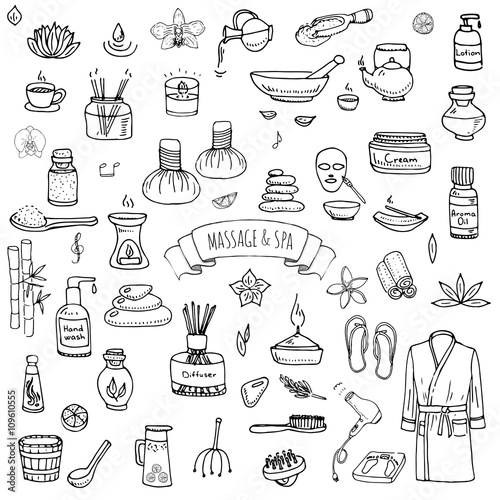 Hand drawn doodle Massage and Spa icons set Vector illustration relaxing symbols collection Cartoon beauty care concept elements health care Wellness treatment Body massage Lifestyle Skin care Spa