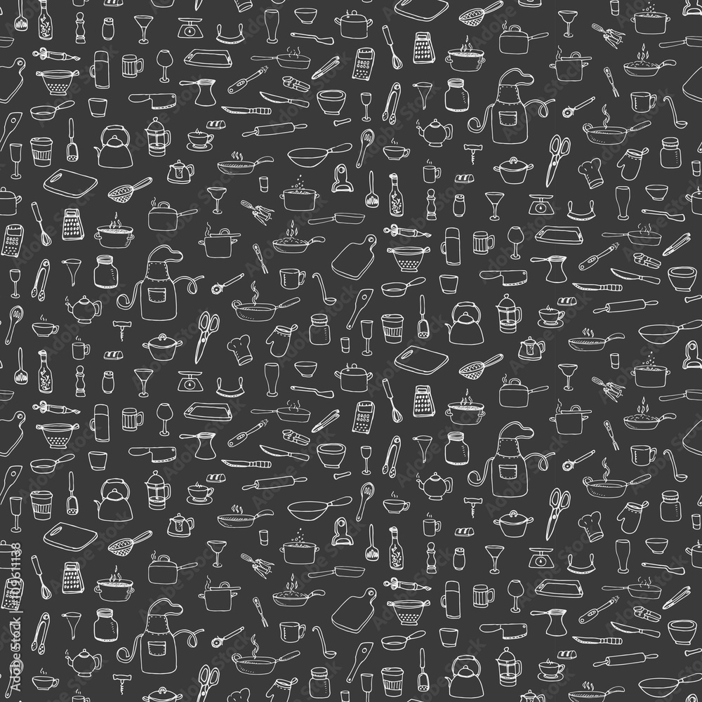 Seamless background hand drawn doodle Kitchen utensils set Vector illustration Sketchy kitchen ware icons collection Isolated appliance kitchen tools symbols Cooking equipment Tea pot Pan Knife Cup Seamless background hand drawn doodle Kitchen utensils set Vector illustration Sketchy kitchen ware icons collection Isolated appliance kitchen tools symbols Cooking equipment Tea pot Pan Knife Cup