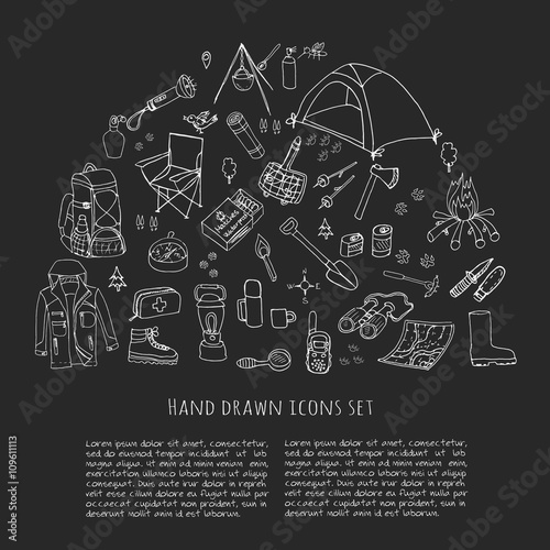 Set of hand drawn camping equipment symbols and icons, hiking, mountain climbing and camping doodle elements, vector illustration, camp clothes, shoes, gear and camp associated things