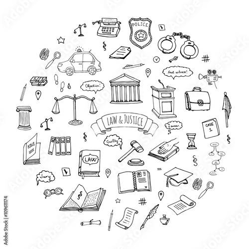 Hand drawn doodle Law and Justice icons set Vector illustration law sketchy symbols collection Cartoon law concept elements suitable for info graphics, websites and print media. Black and white icons