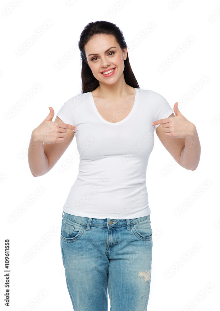 happy young woman or teenage girl in white t-shirt happy young woman or teenage girl in white t-shirt