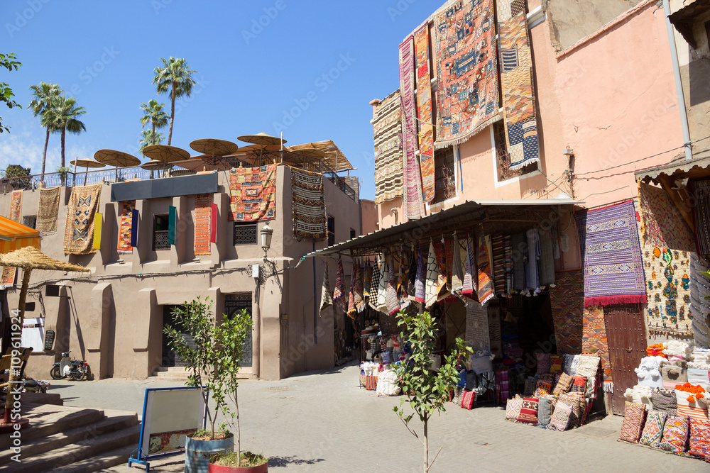 textile shops in the souks of Marrakech, Morocco