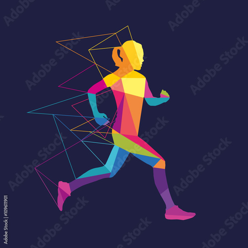 Vector image. Silhouette of a running woman multicolored polygons geometric shapes