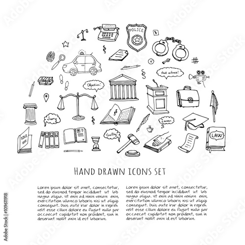 Hand drawn doodle Law and Justice icons set Vector illustration law sketchy symbols collection Cartoon law concept elements suitable for info graphics, websites and print media. Black and white icons