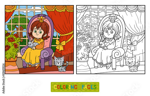 Coloring book for children. Little princess sitting on a throne