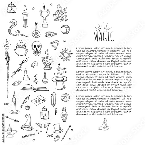 Hand drawn doodle Magic set Vector illustration wizardy, witchcraft symbols Isolated icons collections Cartoon sorcery concept elements Magic wand Love potion Fairy book Fairy tale Snake Crystal ball