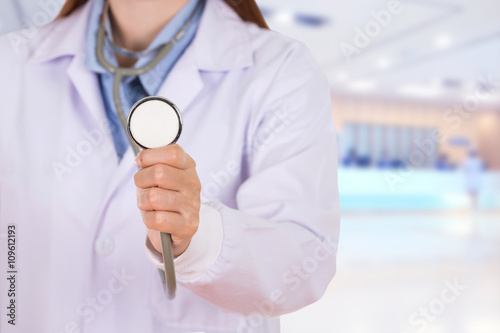 close up stethoscope with female doctor in hospital