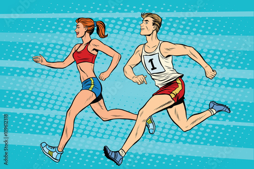 Man woman athletes running track and field summer games