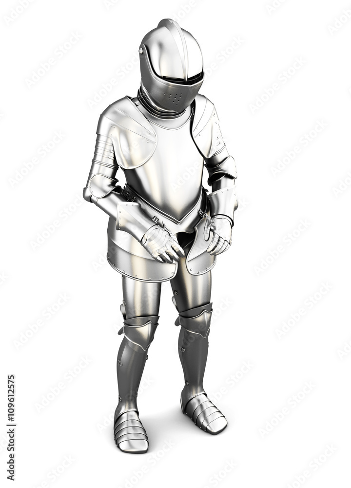 Figure of a knight in armor isolated on white background. Metal armor. Medieval armor. 3d render image