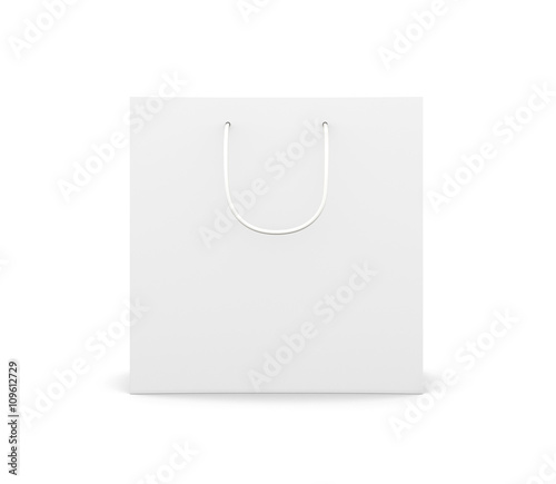 Front view paper bag with handles isolated on white background. Paper white bag for your design. 3d rendering.
