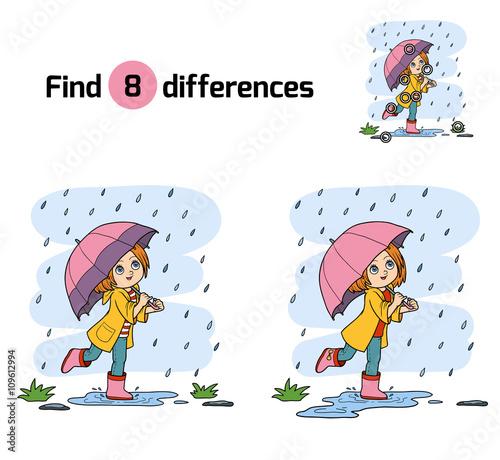 Find differences. Girl running with an umbrella in the rain