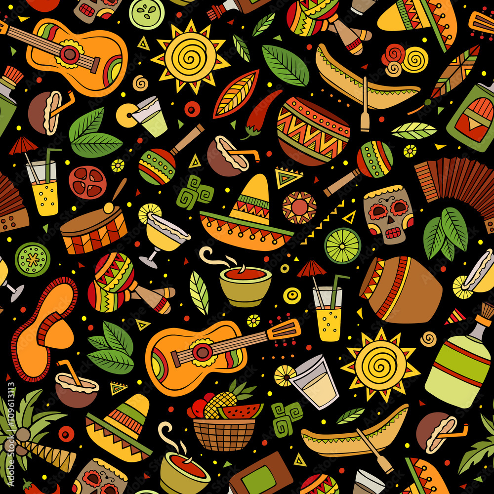 Obraz premium Cartoon hand-drawn latin american, mexican seamless pattern