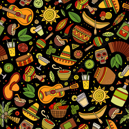 Cartoon hand-drawn latin american, mexican seamless pattern