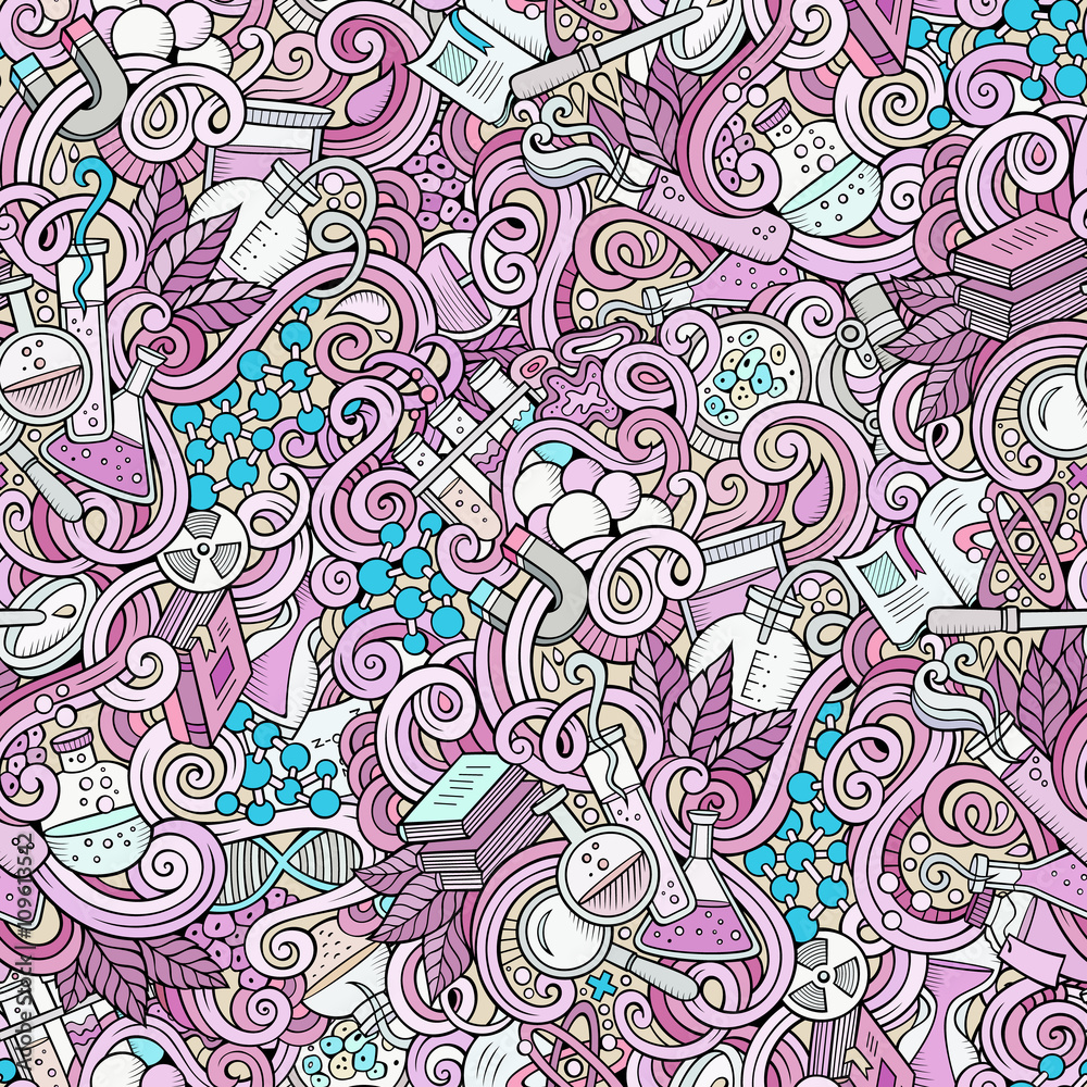 Cartoon hand-drawn science doodles seamless pattern Cartoon hand-drawn science doodles seamless pattern