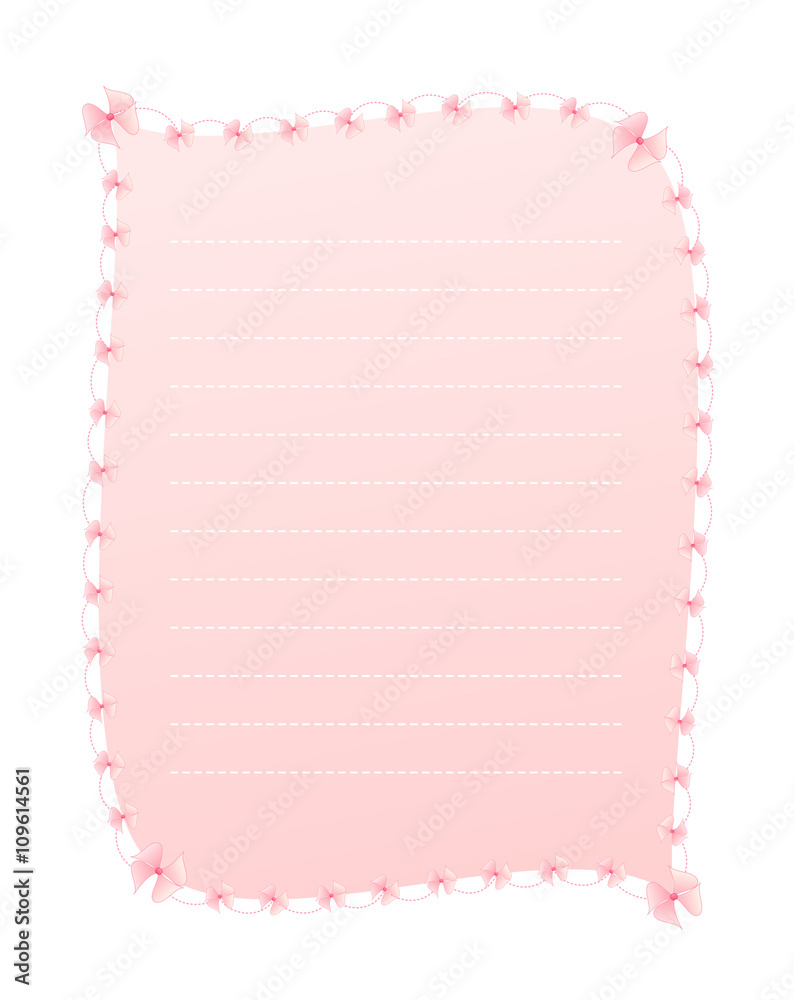 Blank Gradient Sweet Pink Vertical Lined Letter Paper Decorated with Pink Ribbons and Dashed Line Border isolated on White Background Illustration