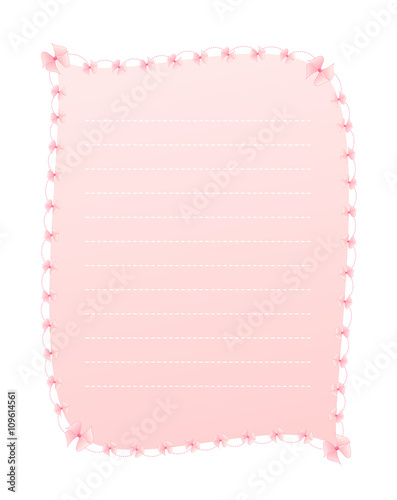 Blank Gradient Sweet Pink Vertical Lined Letter Paper Decorated with Pink Ribbons and Dashed Line Border isolated on White Background Illustration