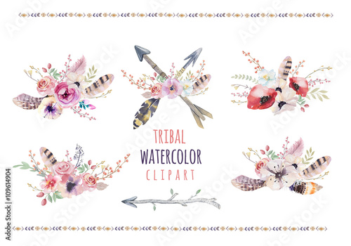 Watercolor colorful ethnic set of arrows  and flowers in native