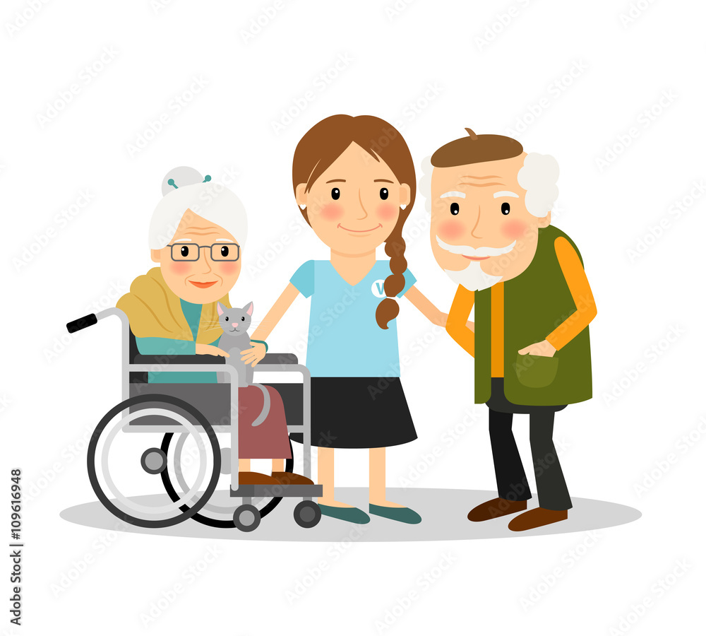 Caring for elderly patients. Young woman assisting elderly people. Vector illustration Caring for elderly patients. Young woman assisting elderly people. Vector illustration