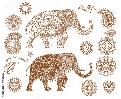 Indian elephant with mehendi patterns. Hand drawn isolated ethnic henna elephant. Vector illustration