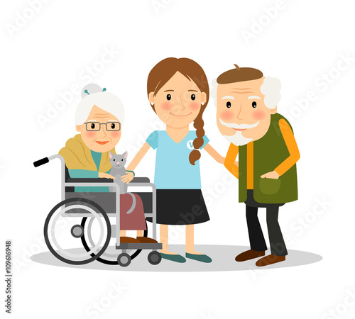 Caring for elderly patients. Young woman assisting elderly people. Vector illustration