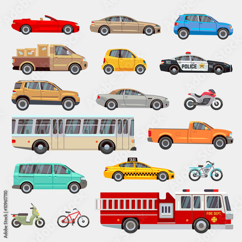 Urban, city cars and vehicles transport vector flat icons set. Car vehicle, car transport, taxi and car transportation illustration photo