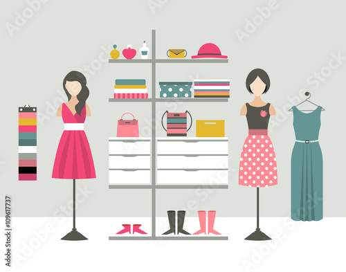 Clothing store. Boutique indoor. Flat design vector illustration.