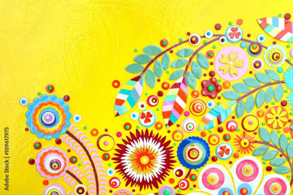 Fototapeta premium Flowers on yellow abstract surface, card or print poster composition made of paint layers, quelling with die cut and scissors, abstract background painting. 3d embossing and carving.