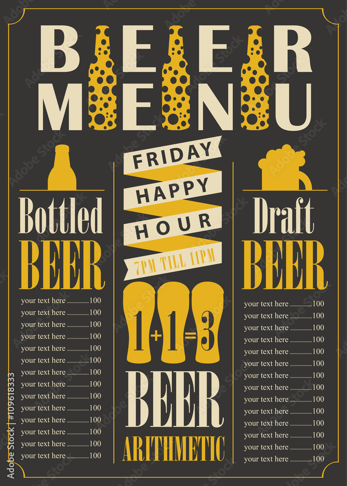 menu for the pub for bottled and draft beer with price list Stock ベクター
