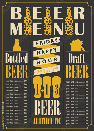 menu for the pub for bottled and draft beer with price list
