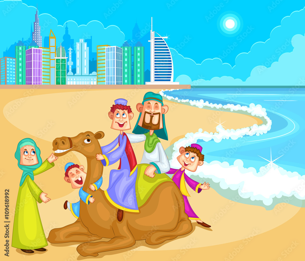 Muslim family riding on camel ride