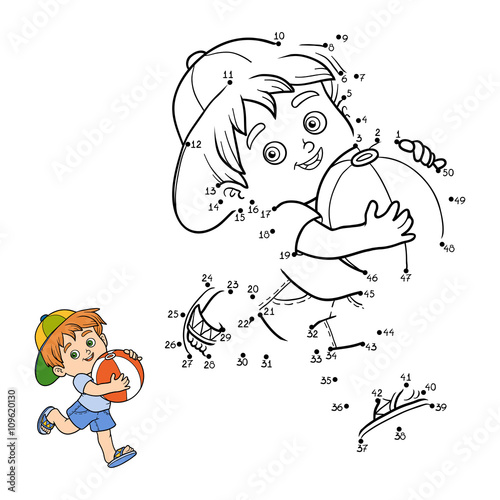 Numbers game for children. Little boy with inflatable ball