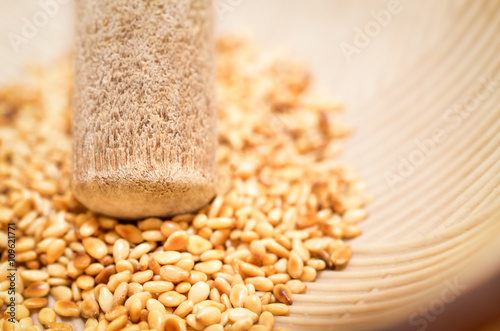 Selective focus on the roasted sesame seeds in Japanese blow  