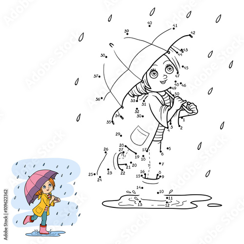 Numbers game for children. Girl running with an umbrella in the