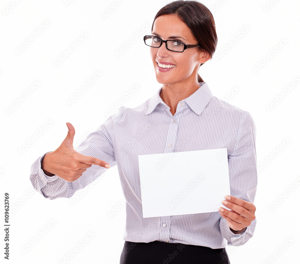 Excited brunette businesswoman with a signboard Excited brunette businesswoman with a signboard
