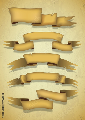 five gold banners with realistic shadows in old style.vector illustration