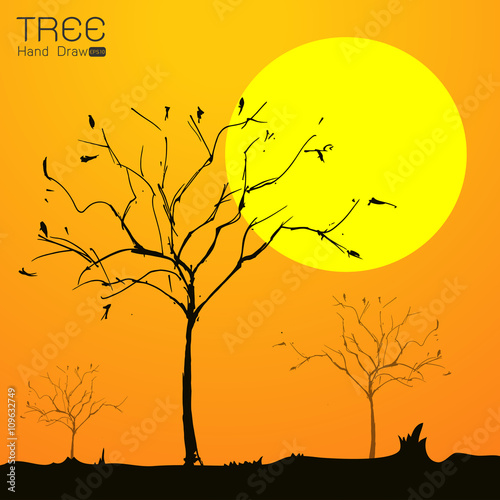 Landscape with tree at sun set hand draw