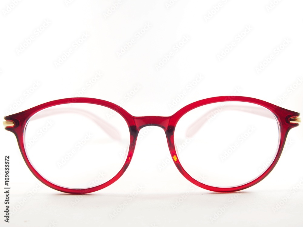 Fototapeta premium Round glasses frame for eyesight, red modern fashion on white background