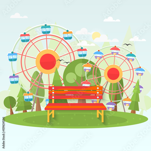 Banch in amusement park . Vector flat illustration .