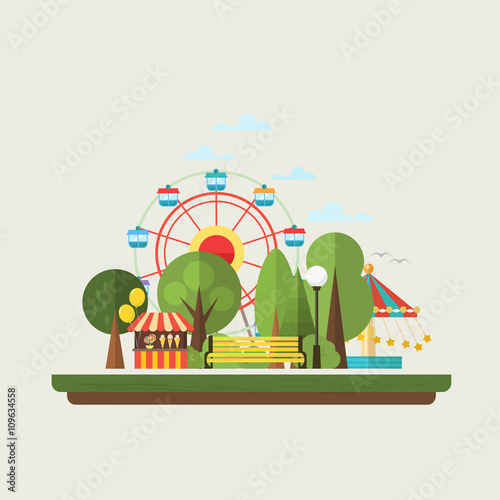 Flat design amusement park in the city. Vector illustration .